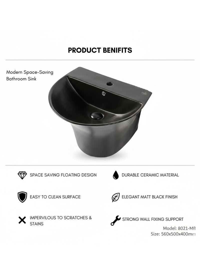 PURE Wall Hung Wash Basin Black Matte | Modern Ceramic Bathroom Sink | Space Saving Floating Design | Easy Clean | Premium Bathroom Fixture - Image 2